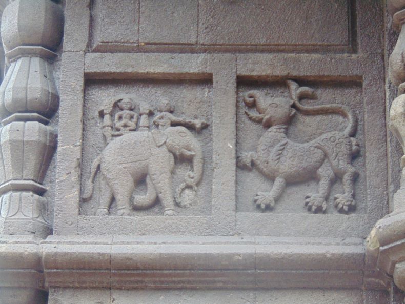 Śarabha, and a man in the howdah on an elephant's back and its Mahout.