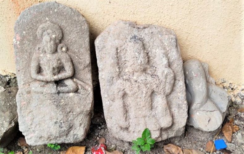 A woman in namaskāra mudrā and three images of Keśava.