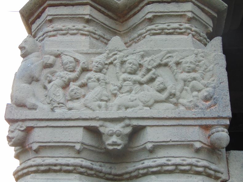 Battle scene of Mahiṣāsuramardinī and four deities with asuras