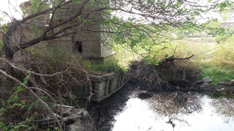 An ancient puṣkaraṇī with devakoṣhṭhas