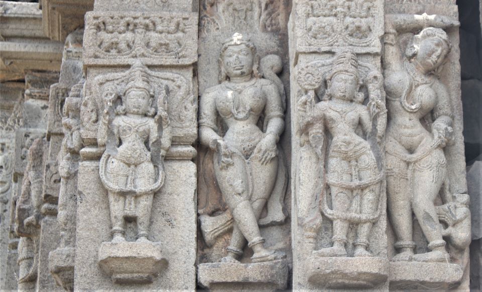 Sculptures of Surasundarī with a monkey, Mādhava, Surasundarī with a scorpion and Nārāyaṇa (?) (from left to right respectively).